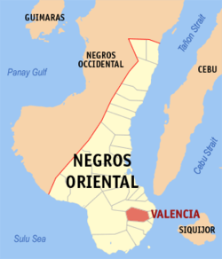 Mapa ng Negros Oriental na nagpapakita sa lokasyon ng Valencia.