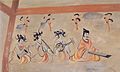 A mural painting showing man and women wearing loose robes, from the Northern Liang's Dingjiazha Tomb No. 5 of the Sixteen Kingdoms period