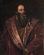 提香的《皮埃特羅·阿雷蒂諾肖像畫（英语：Portrait of Pietro Aretino）》，96.7 × 77.6cm，約作於1545年，1545年皮埃特羅·阿雷蒂諾贈與科西莫一世[21]