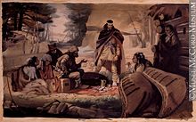 La traite des fourrures au XVIIe siècle. Cette peinture d'Archibald Bruce Stapleton (1917-1950) représente Pierre-Esprit Radisson, Médart Chouart des Groseillers et leurs partenaires autochtones en 1662.