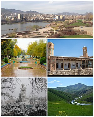 위에서 아래로, 왼쪽에서 오른쪽으로: 2014년의 Saqqez, Saqqez City Park, Do-Menara Historical Mosque, Village Girl Statue, Meriwan Spring Scene을 향한 Saqqez.