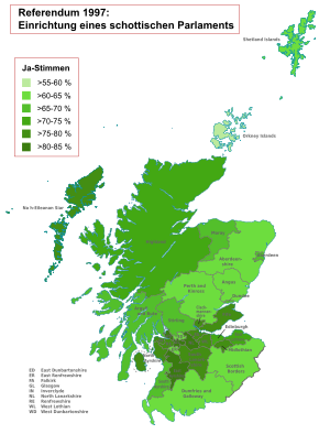 Ergebnisse des Referendums nach Unitary Authorities (Frage nach der Einrichtung eines schottischen Parlaments, Prozent „Ja“-Stimmen): ﻿>55–60 % ﻿>60–65 % ﻿>65–70 % ﻿>70–75 % ﻿>75–80 % ﻿>80–85 %