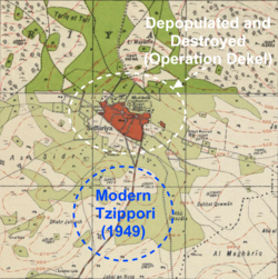 1940s Survey of Palestine map showing historical Sepphoris (Saffuriyya) in red, just prior to its depopulation in Operation Dekel, relative to the location of modern Tzippori.