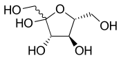 Fructose, with a bond at the hydroxyl (OH) group upper left of image with unknown or unspecified stereochemistry Skeletal Structure of Cyclic D-Fructose.svg