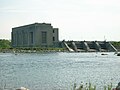 US Army Corps of Engineers hydroelectric plant seen from across the St. Marys Rapids