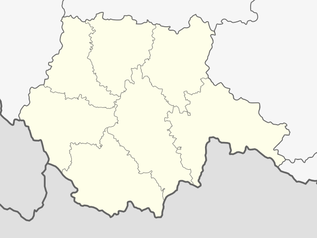 Mapa konturowa kraju południowoczeskiego, u góry znajduje się punkt z opisem „Sezimovo Ústí”
