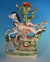 Staffordshire figure, c. 1860, depicting the punishment accorded to Mazeppa, after the popular poem by Lord Byron. The artist has been unable to resist turning the horse into a zebra