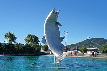 Salmon statue Restigouche Sam in Campbellton with Sugarloaf Mountain in the background