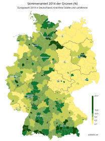 Stimmenanteil der GRÜNEN bei der Europawahl 2014 in %, Kreiseinteilung 2018
