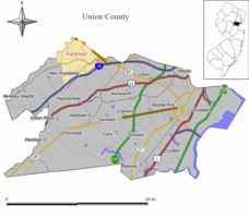 Location of Summit in Union County highlighted in yellow (left). Inset map: Location of Union County in New Jersey highlighted in black (right).