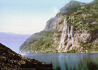 Wasserfälle Die sieben Schwestern im Geirangerfjord, um 1900