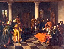 Two bearded men, each wearing a turban, stand before a man who sits on a throne; a dozen people surround them