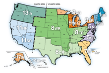 The U.S. Coast Guard Auxiliary is divided into three geographic areas: Pacific, Atlantic West, and Atlantic East. The three areas are subdivided into district and divisions, with the smallest unit of organization being the flotilla (not represented on this map). USCGAuxOrgMap.png