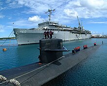 Naval Base Guam in the U.S. territory of Guam USS Salt Lake City (SSN-716) and USS Frank Cable (AS-40) at Apra Harbor, Guam, on 23 May 2002 (6640652).jpg