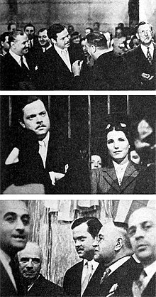 As a goodwill ambassador in 1942, Orson Welles toured the Estudios San Miguel in Buenos Aires, meeting with Argentine film personalities including (center photograph) actress Libertad Lamarque. Welles-Cine-Mundial-July-1942.jpg