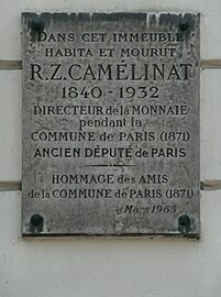 Plaque Zéphyrin Camélinat au 137, rue de Belleville.