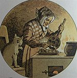 Pietro Krohn, farbige Illustration: Æbleskiver werden aus der Æbleskiver-Pfanne genommen, aus Peters Jul, 1889 (im Original von 1866 in schwarz/weiß)