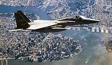 An F-15C Eagle from 102nd Fighter Wing, Massachusetts Air National Guard, flies a combat air patrol over New York City as part of Operation Noble Eagle. F-15s from the 102nd were the first to arrive on scene over the World Trade Center following the September 11 terrorist attacks. 102d FW F-15 over NYC 2001.jpg