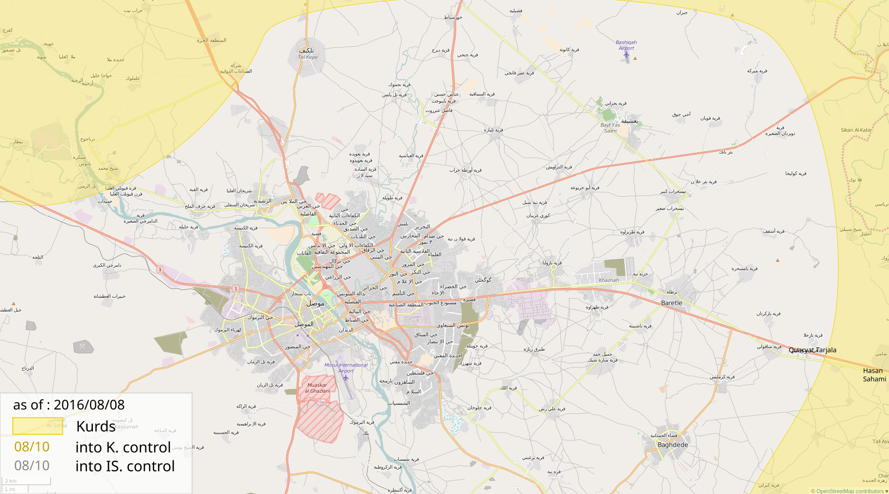 Map of the territorial control during the 2016 Mosul offensive, as of August 2016