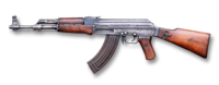Um AK-47 com a armação visivelmente dividida em seus subcomponentes de metal e madeira.