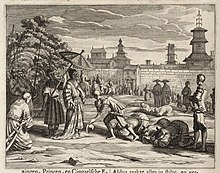 Portuguese governor Pedro Lopes de Sousa welcomes Kusumasana Devi a.k.a. Dona Catharina during the campaign of Danture, 1594 AMH-6978-KB The Portuguese Pedro Lopez welcomes the Empress of Ceylon, Dona Catharina.jpg