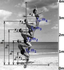 Čtyři akrobati, zvolený souřadný systém, lokální těžiště a hmotnosti.[1]