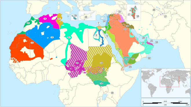 Geographical distribution of the varieties of Arabic (excluding Jewish Judeo-Arabic) per Ethnologue and other sources:
.mw-parser-output figure[typeof="mw:File/Thumb"] .image-key>ol{margin-left:1.3em;margin-top:0}.mw-parser-output figure[typeof="mw:File/Thumb"] .image-key>ul{margin-top:0}.mw-parser-output figure[typeof="mw:File/Thumb"] .image-key li{page-break-inside:avoid;break-inside:avoid-column}@media(min-width:300px){.mw-parser-output figure[typeof="mw:File/Thumb"] .image-key,.mw-parser-output figure[typeof="mw:File/Thumb"] .image-key-wide{column-count:2}.mw-parser-output figure[typeof="mw:File/Thumb"] .image-key-narrow{column-count:1}}@media(min-width:450px){.mw-parser-output figure[typeof="mw:File/Thumb"] .image-key-wide{column-count:3}}
.mw-parser-output .legend{page-break-inside:avoid;break-inside:avoid-column}.mw-parser-output .legend-color{display:inline-block;min-width:1.25em;height:1.25em;line-height:1.25;margin:1px 0;text-align:center;border:1px solid black;background-color:transparent;color:black}.mw-parser-output .legend-text{}
1: Hassaniyya
2: Moroccan Arabic
3: Algerian Saharan Arabic
4: Algerian Arabic
5: Tunisian Arabic
6: Libyan Arabic - Western Egyptian Bedawi Arabic
7: Egyptian Arabic
8: Eastern Egyptian Bedawi Arabic
9: Saidi Arabic
10: Chadian Arabic
11: Sudanese Arabic
12: Juba Arabic
13: Najdi Arabic
14: Levantine Arabic
15: North Mesopotamian Arabic
16: Mesopotamian Arabic
17: Gulf Arabic
18: Baharna Arabic
19: Hijazi Arabic
20: Shihhi Arabic
21: Omani Arabic
22: Dhofari Arabic
23: Sanaani Arabic
24: Ta'izzi-Adeni Arabic
25: Hadrami Arabic
26: Uzbeki Arabic
27: Tajiki Arabic
28: Cypriot Arabic
29: Maltese
30: Nubi
Sparsely populated area or no indigenous Arabic speakers
Solid area fill: variety natively spoken by at least 25% of the population of that area or variety indigenous to that area only
Hatched area fill: minority scattered over the area
Dotted area fill: speakers of this variety are mixed with speakers of other Arabic varieties in the area Arabic Varieties Map-2023.svg