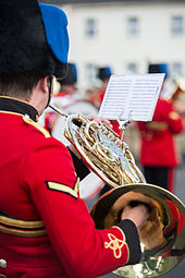 Musicians from the Band of the Corps of Royal Engineers during a Medals Parade for 32 Engineer Regiment. Band of the Corps of Royal Engineers MOD 45157610.jpg