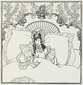 ornate ink-drawn illustration of an elegant lady sitting up in an ornate bed
