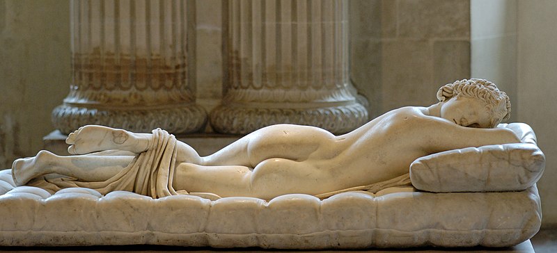 Sleeping Hermaphroditus. Hermaphroditus: Greek marble, Roman copy of the 2nd century CE after a Hellenistic original of the 2nd century BC, restored in 1619 by David Larique; mattress: Carrara marble, made by Gianlorenzo Bernini in 1619 on Cardinal Borghese's request. Borghese Collection, Louvre.