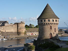 From top left: Recouvrance bridge, the steeple of Saint-Louis church of Brest, Saint-Malo street, the Abeille Bourbon, the american memorial on the Court Dajot, panorama from the Recouvrance bridge of the castle of Brest, the Tanguy tower, Saint-Sauveur church of Recouvrance, Dialogues book shop and the place de la Liberté.