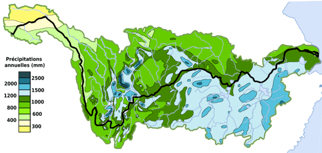 Précipitations annuelles moyennes sur le bassin versant du Yangtsé.
