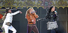 Adrienne Bailon, Sabrina Bryan and Kiely Williams performing during the One World Tour in Jacksonville, Florida in October 2008