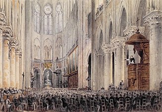 סביבות 1845 – כינוס לרגל התענית: ז'אן-בטיסט אנרי לקורדיר מטיף מדוכן המטיף המוגבה שבקתדרלה. רישום אנונימי, עיפרון גרפיט וצבע מים, הספרייה הלאומית של צרפת.