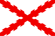 Drapeau de la Croix de Bourgogne, une croix rouge en X dentelée sur un fond blanc de format rectangulaire.