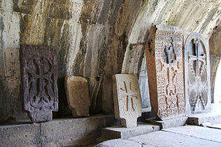 Cross stones or khachkars at Haghpat Monastery, Armenia