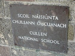 Sign at Cullen national school with old Irish name Cuileann Ó gCuanach, "Cullen of the Cooneys"