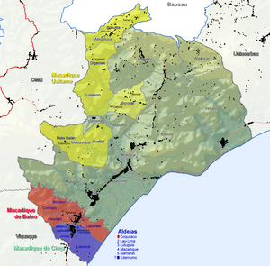 Die Aufteilung des Sucos Macadique 2023. Macadique Uaitame in Gelb