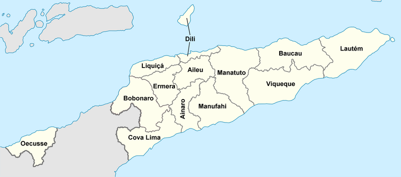 Klikací mapa Východního Timoru s 13 správními obcemi.