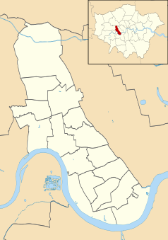 Mapa konturowa gminy Hammersmith and Fulham, po lewej znajduje się punkt z opisem „Instytut Józefa Piłsudskieg w Londynie”