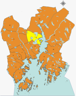 Map of Kristiansand with Justvik district highlighted in yellow