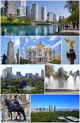 از بالا Torre Latinoamericana, کلیسای جامع مکزیکو سیتی، Anillo Periférico, World Trade Center Mexico City, Angel of Independence, Chapultepec Castle, St. Regis Hotel Tower and Torre Mayor, Skyline of Paseo de la Reforma and Palacio de Bellas Artes.