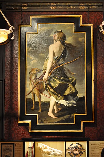 painting of Roman goddess Diana with bow and hunting dog