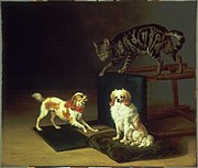 Peinture d'un chat sur une chaise renversée, avec deux chiens à côté de celle-ci.