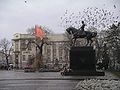 The monument to J. Piłsudski. Next to it the flag of the Orange Revolution, 2005.
