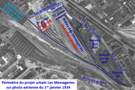 Projet urbain Messageries sur photo aérienne de 1934.