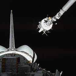 The Canadarm while deploying a payload from the cargo bay of the Space Shuttle STS-3 Canadarm captures PDP.jpg