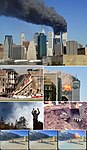 Från toppen till botten: World Trade Center brinner; en del av Pentagon kollapsar; Flight 175 kraschar in i 2 WTC; en brandman begär hjälp vid Ground zero; en motor från Flight 93 återvinns; Flight 77 kraschar in i Pentagon.