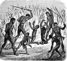 Beating boys as a part of the Bogwera ceremony (1870s) Seven Years in South Africa, page 397, training the boys.jpg