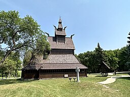 The Hopperstad Stave Church Replica is located at the Hjemkomst Center in Moorhead, Minnesota.